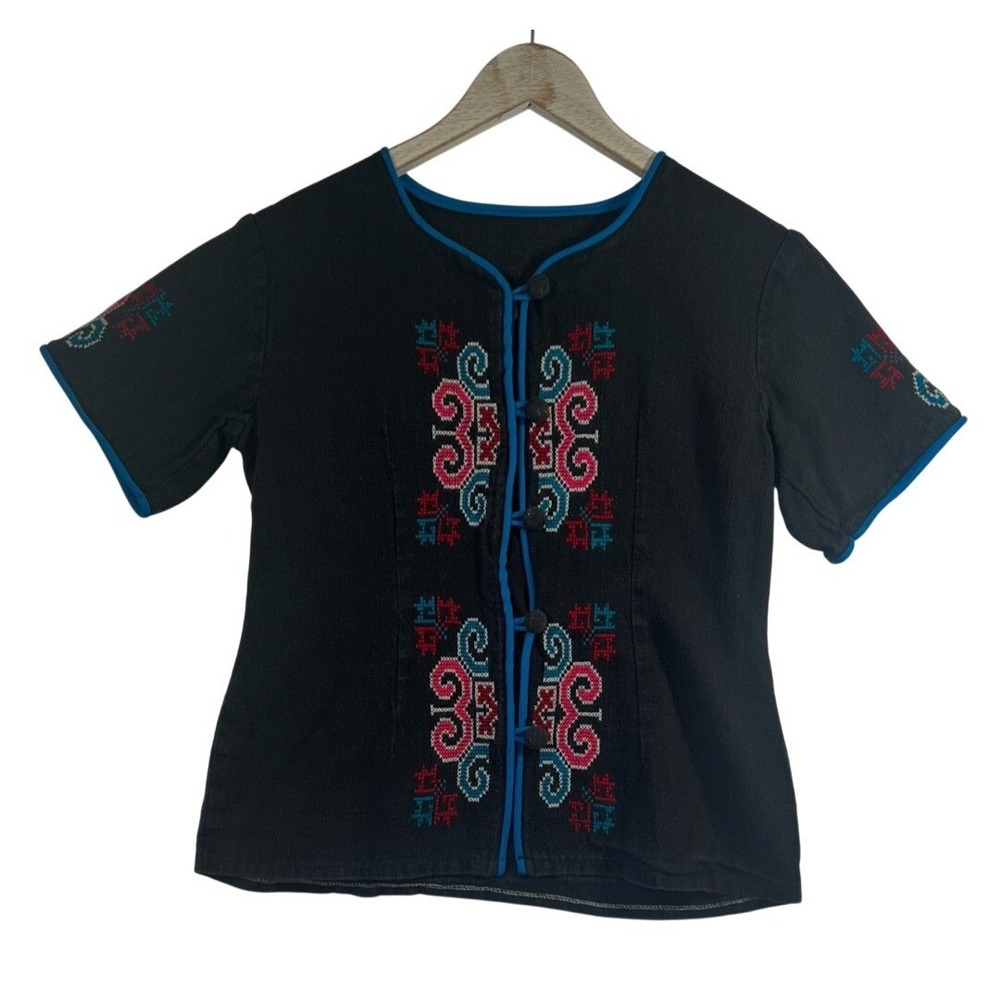 Vintage Hmong Embroidered Blouse Black Cotton Frog Button Short Sleeve Top
